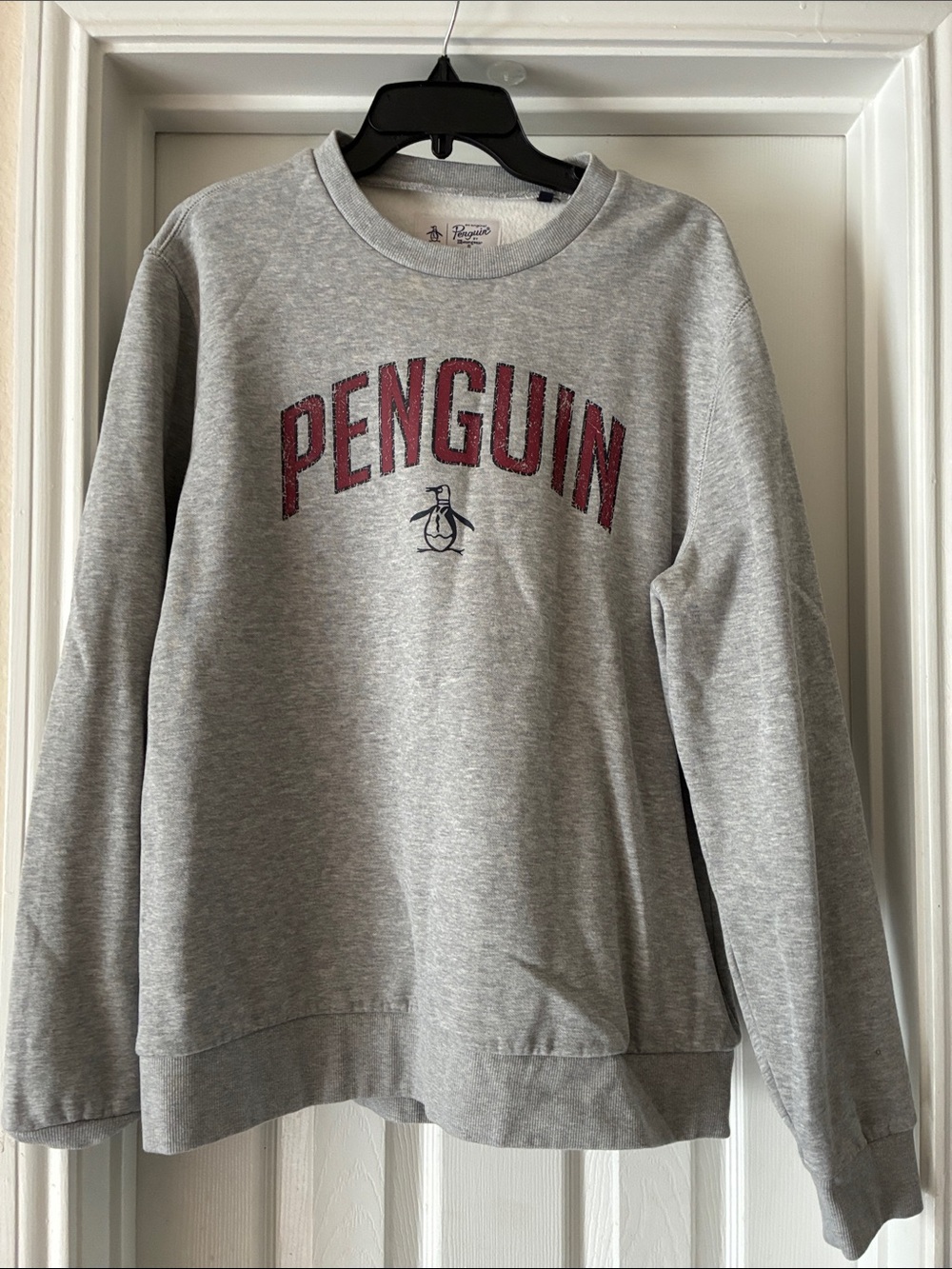 Original Penguin Light Gray Crewneck with Burgundy 'PENGUIN' Arch